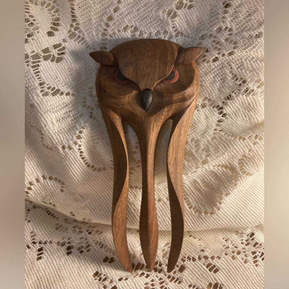 Hand Carved Wood Owl Hair Fork Artisan Made in Germany